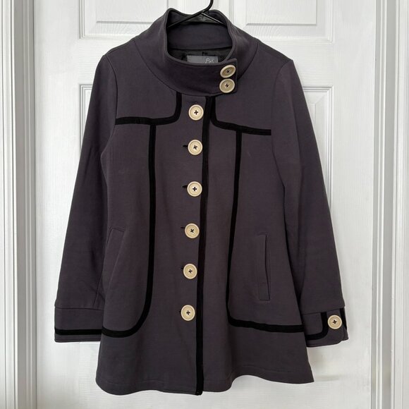 Knitted Dove Retro Button Front Jacket Coat Women’s Size L Gray/Black Trim EUC! - Picture 1 of 12